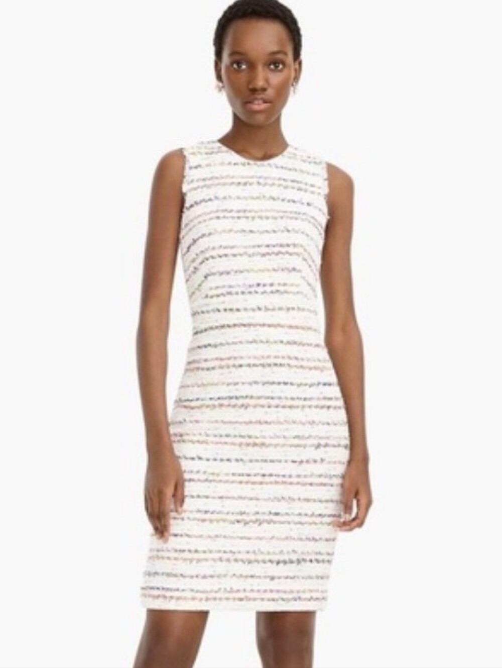 J. Crew White Tweed Midi Dress with Multicolor Stripes